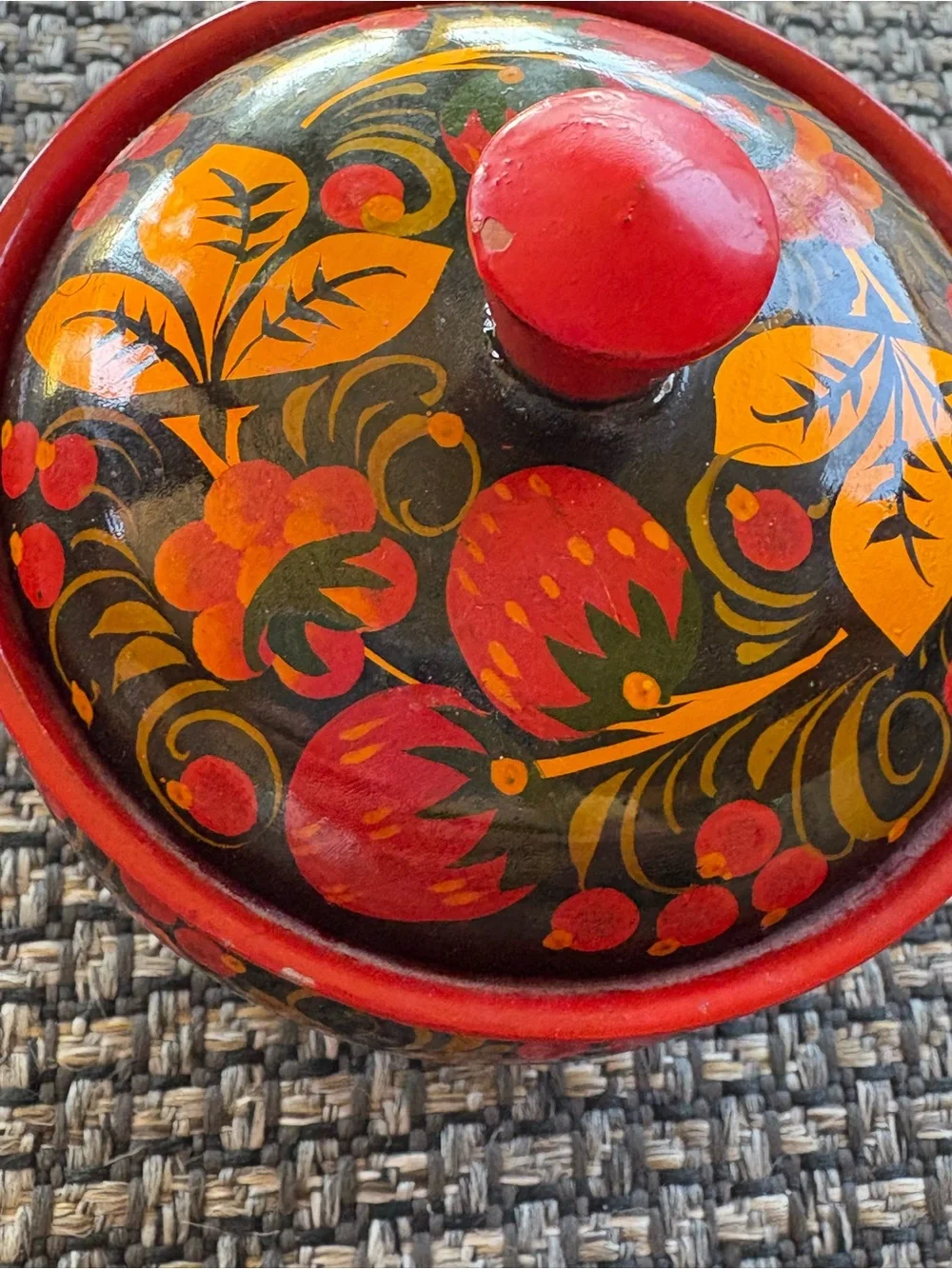 Vintage Traditional Russian Khokhloma Hand Painted Wooden Sugar Bowl Trinket Box